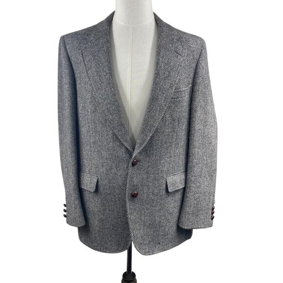 VTG HARRIS TWEED 2-Button Front Gray 100% Scottish Wool Tweed Blazer 42R USA